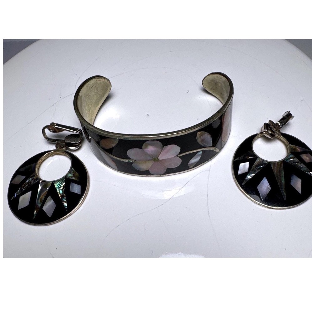Vintage Alpaca Mexico Abalone Mother of Pearl Inlay Cuff Bracelet & ClipEarrings